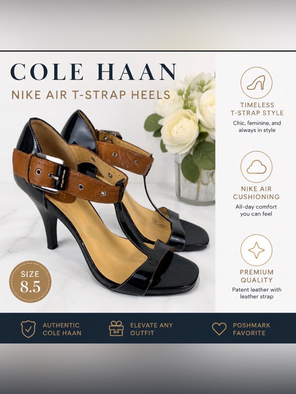 Cole Haan Black Patent T-Strap Heels with Brown Ankle Strap